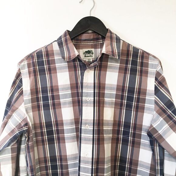 Roots Brown White Plaid Button Down Long Sleeve Shirt - Picture 3 of 5